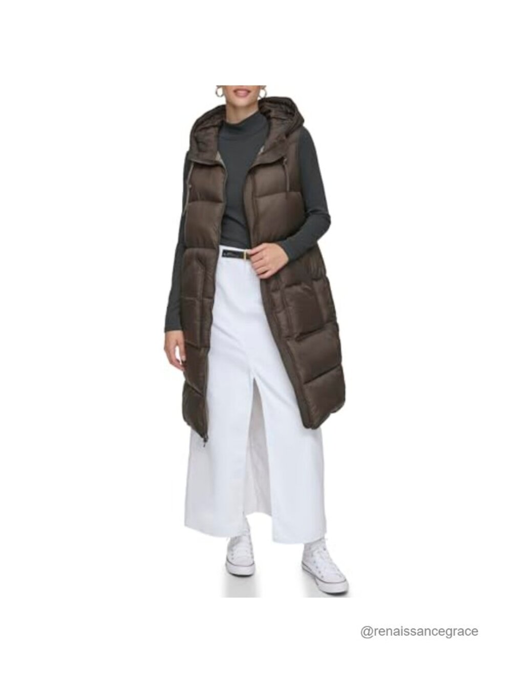 Long Quilted Puffer Vest with Hood and Contrast Lining Nylon